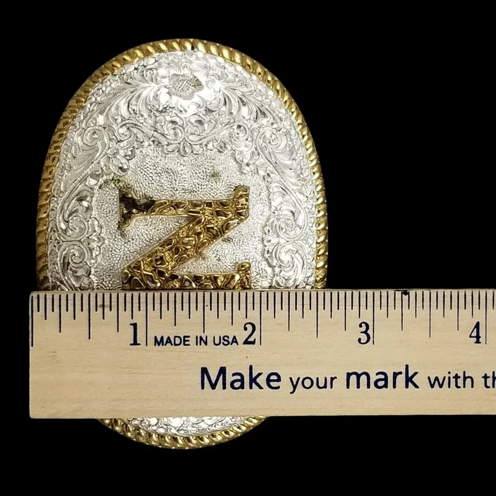 Crumrine Mfg Western Belt Buckle Initial N Silver Gold Tone Floral Engraved Oval